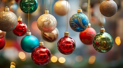 A bunch of Christmas ornaments hanging from strings, adding a vibrant and festive touch.