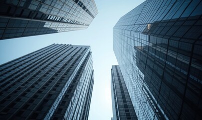 Fototapeta premium A striking low-angle view of modern skyscrapers, showcasing their sleek, reflective surfaces against a clear blue sky, perfect for business and architectural designs.