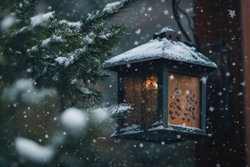 Naklejka premium Rustic metal lantern glowing warmly amidst snow-covered pine branches, surrounded by softly falling snowflakes in a serene winter setting