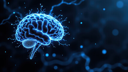A dynamic graphic representation of artificial general intelligence (AGI) with a glowing brain at its core, symbolizing AI's advanced cognitive capabilities.