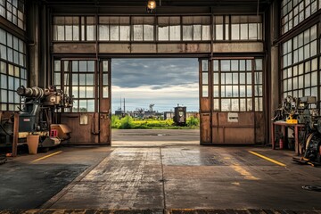 Industrial Space with Open Doors Showcasing an Urban Landscape and Machinery, Inviting Views of Greenery and Cityscape Beyond the Warehouse Entrance