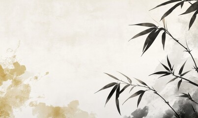Minimalist Chinese ink painting of bamboo leaves in the lower right corner on a light beige background, featuring a light gray and dark gold color scheme.