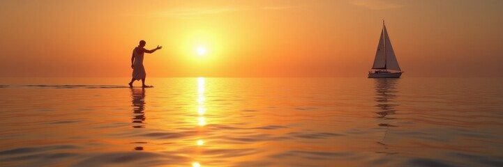 Fototapeta premium A serene sunset over calm waters, featuring a person gesturing toward the horizon and a sailboat in the background, perfect for relaxation, travel, or inspiration themes.