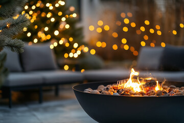Cozy outdoor seating area by the Christmas tree with modern furniture and fire pit