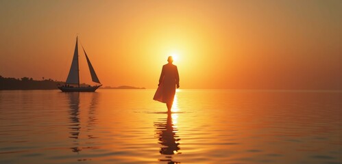 A serene sunset silhouette of a person walking through calm waters, complemented by a distant sailboat, evoking tranquility and a sense of adventure.
