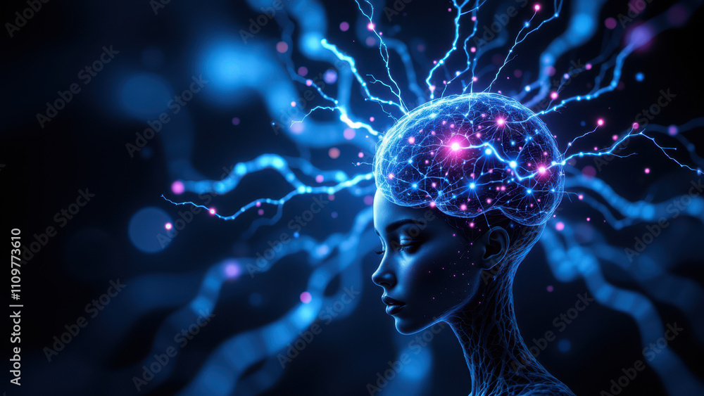 Poster an illustration of a human brain with neural connections representing artificial general intelligenc