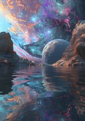 A breathtaking alien landscape. Vibrant nebulas paint the sky above a serene lake reflecting the cosmos.
