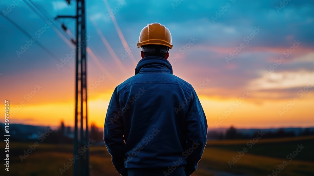 Poster construction worker at sunset overlooking power lines and fields displaying professional safety equi