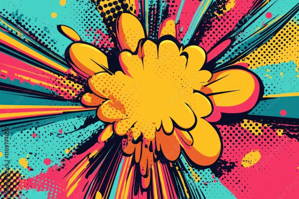 Poster colorful pop art explosion with vibrant yellow and pink hues, dynamic lines and dots creating an ene