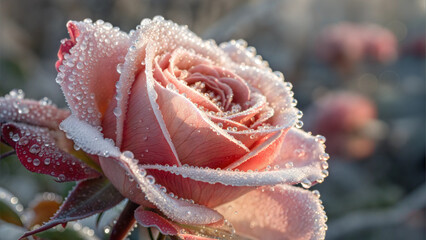 Dewy pink rose sparkling in frosty sunlight