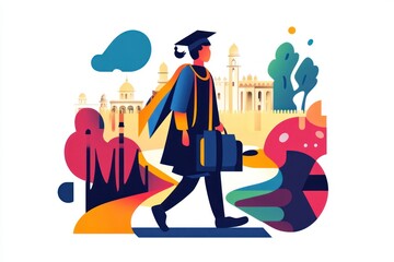 Graduate walking towards future, city background.