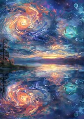 Surreal landscape reflecting a swirling galaxy in a tranquil lake at sunset. Vivid colors and cosmic elements create a dreamy, otherworldly atmosphere.