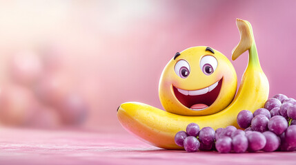 Happy Emoji Banana   Grapes  Fun Food Image  Healthy Eating  Cartoon Fruit