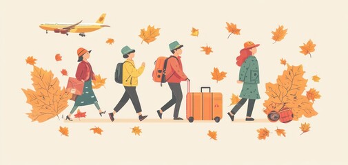 Travelers walking in autumn, leaves falling, plane overhead.