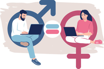 Gender equality concept. Men and women character on the scales for gender equality on transparent background.