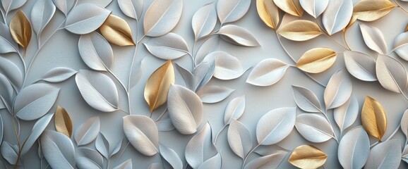 Elegant arrangement of paper leaves in shades of white, gray, and gold on a subtle background, creating a refined and artistic atmosphere.