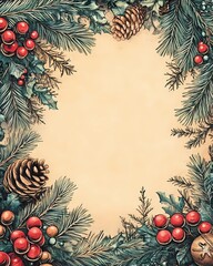 Art Nouveau Christmas Greeting Card with Pine Branches, Red Berries, Pinecones, and Beige Vintage Background