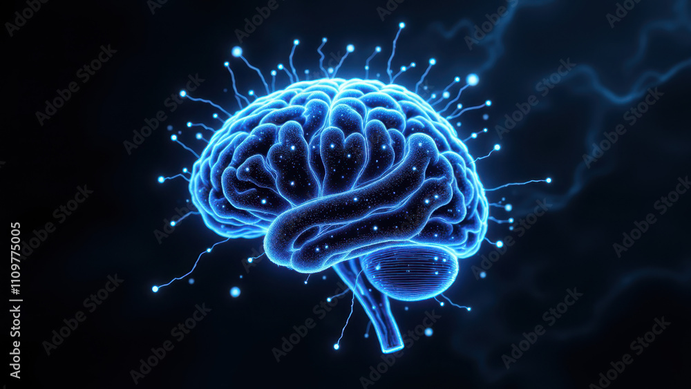 Poster a digital rendering of a human brain with electric sparkles emanating from its top center.