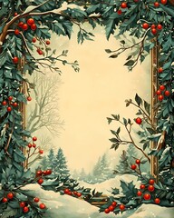 Art Nouveau Christmas greeting card with holly leaves, red berries, golden frame, snowy evergreen trees, and soft beige background
