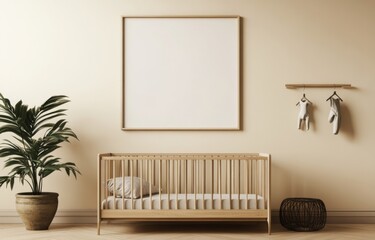 Minimalist Nursery Room with Wooden Crib, Soft Pastel Beige Walls, Blank Frame for Mockup, Small Plant in Iron Pot, and Cozy Light Wood Flooring.