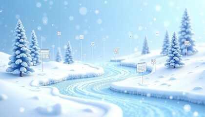 Fototapeta premium Digital Winter River Calendar Design in Serene Blue and White Tones for Planning Applications