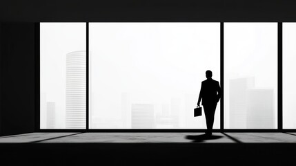 Fototapeta premium Silhouette of businessman looking at cityscape from office window.