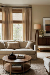 Cozy Contemporary Living Room with Vertical Poster Frame Beige Sectional Sofa Round Wooden Coffee Table and Soft Lighting