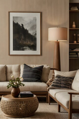 Cozy Contemporary Living Room with Vertical Poster Frame Beige Sectional Sofa Round Wooden Coffee Table and Soft Lighting