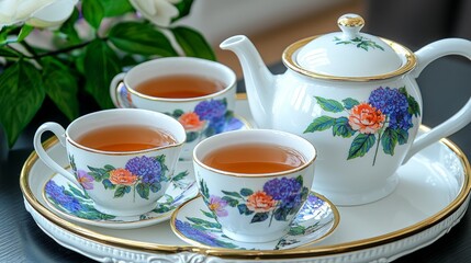 Fototapeta premium Elegant Afternoon Tea Setting with Floral Teacups and Teapot
