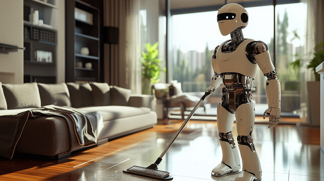 Futuristic robot mopping the parquet floor of a contemporary living room, showcasing household automation and artificial intelligence