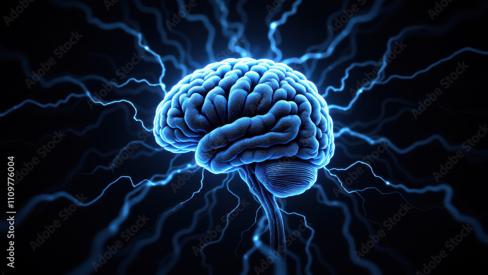 Poster an illuminated brain with bolts of lightning emerging from its top, symbolizing artificial general i