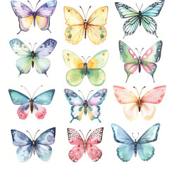 Obraz premium A collection of variously colored butterflies resting on a white background