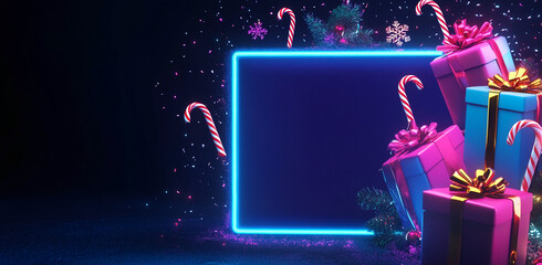 Colorful holiday gifts with neon border and candy canes in festive setup for winter celebration