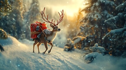 Christmas reindeer with gift, snowy forest. Concept of Christmas, winter, holiday, magic.