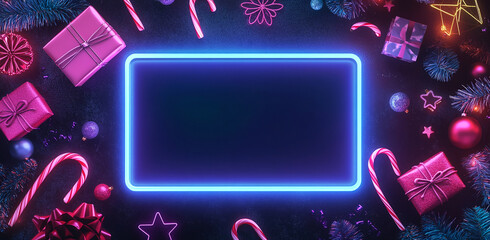 Colorful holiday decorations surround a glowing neon rectangular frame with space for text during festive season