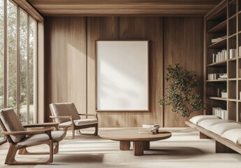 Empty blank poster frame on the wall in a modern living room with wooden furniture, neutral tones, natural light, and large windows, featuring a coffee table, armchairs, and a bookshelf