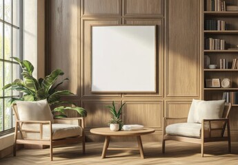 Empty blank poster frame on the wall in a modern living room with wooden furniture, neutral tones, natural light, and large windows, featuring a coffee table, armchairs, and a bookshelf