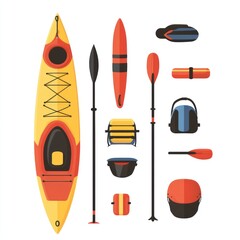 Kayak, paddle, SUP board, and other water sports equipment.