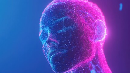 A futuristic abstract composition featuring a glowing humanoid head made of interconnected digital nodes and lines, with a vibrant gradient background in blue and purple tones.