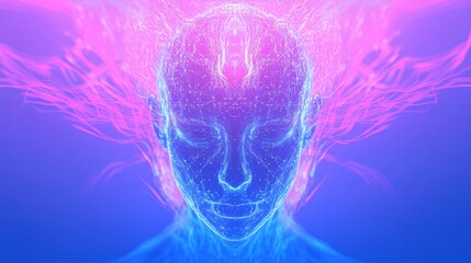 A futuristic abstract composition featuring a glowing humanoid head made of interconnected digital nodes and lines, with a vibrant gradient background in blue and purple tones