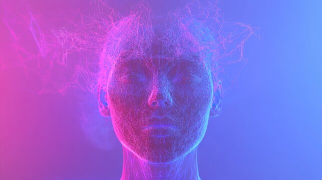 A futuristic abstract composition featuring a glowing humanoid head made of interconnected digital nodes and lines, with a vibrant gradient background in blue and purple tones