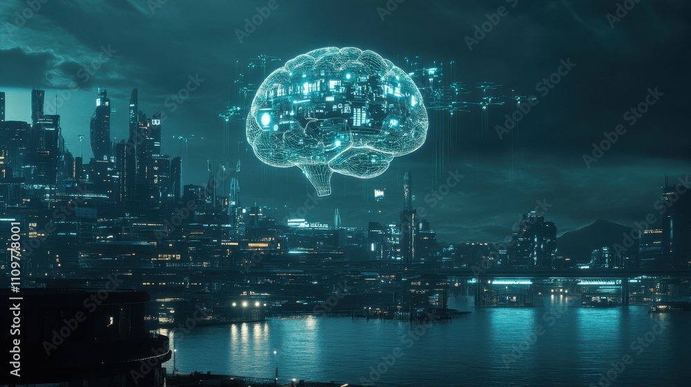 Poster a futuristic cityscape illuminated by ai-controlled drones and holographic projections, with a glowi