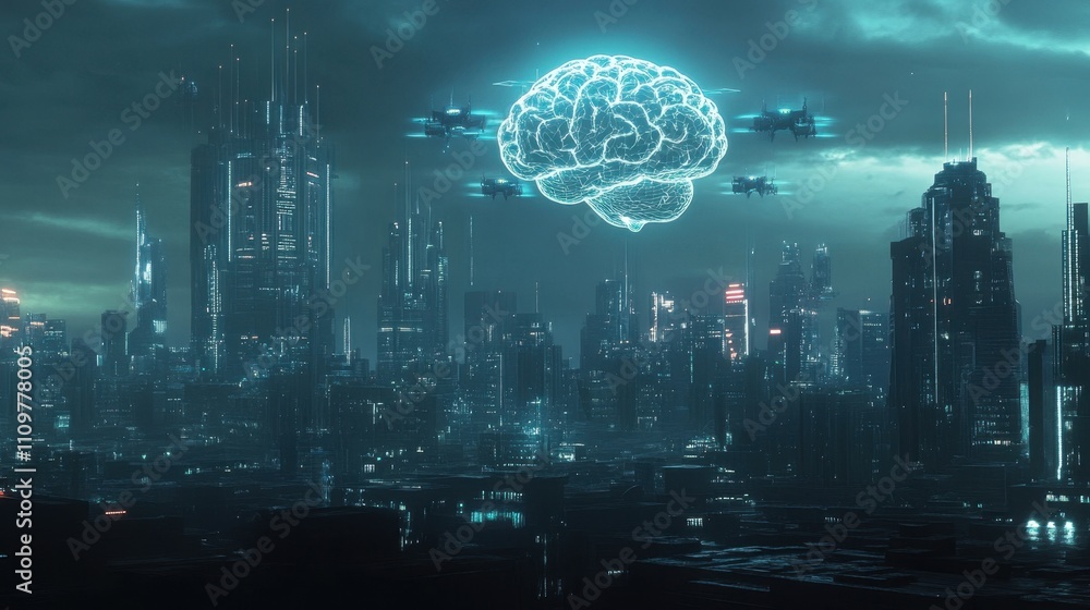 Poster a futuristic cityscape illuminated by ai-controlled drones and holographic projections, with a glowi