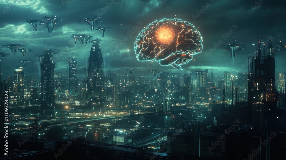 Aufkleber a futuristic cityscape illuminated by ai-controlled drones and holographic projections, with a glowi