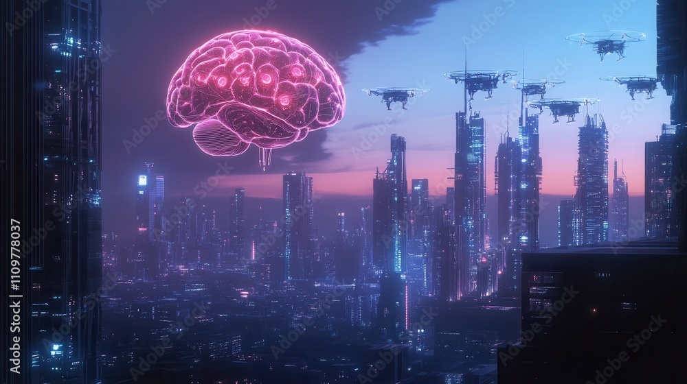 Poster A futuristic cityscape illuminated by AI-controlled drones and holographic projections, with a glowing digital brain hovering above the skyline
