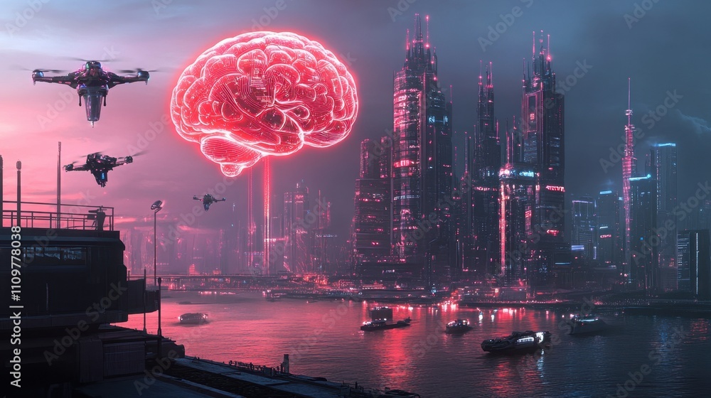 Poster a futuristic cityscape illuminated by ai-controlled drones and holographic projections, with a glowi