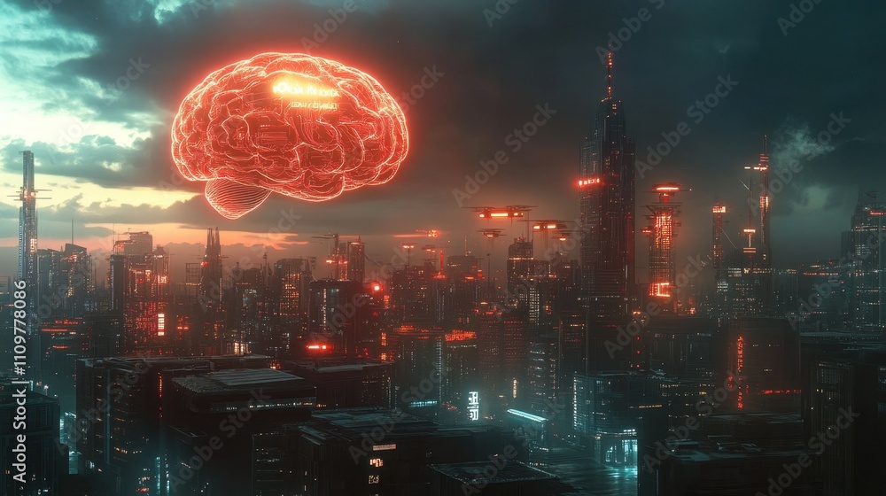 Poster a futuristic cityscape illuminated by ai-controlled drones and holographic projections, with a glowi