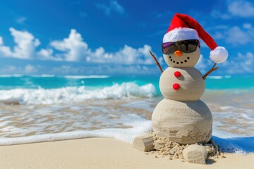 A cheerful sand snowman wearing sunglasses and a Santa hat stands on the beach, with clear blue waves and sky in the background