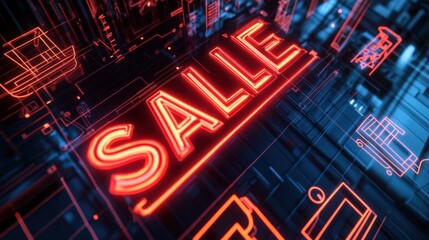 A futuristic "SALE" design with glowing neon text in red and orange, set against a dark gradient background with dynamic digital elements like percentage symbols and shopping cart icons