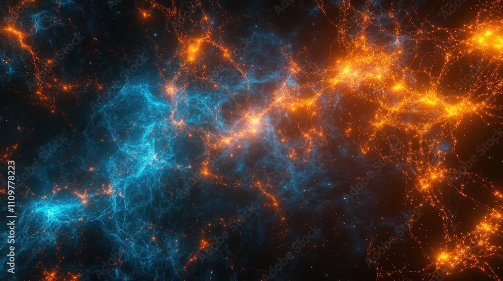 Poster a glowing neural network with vibrant blue and orange nodes interconnected by sleek digital lines, s